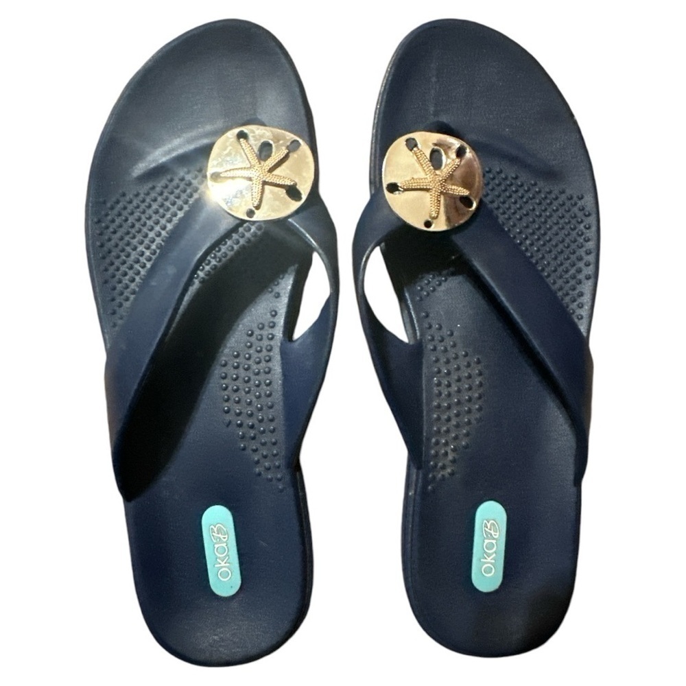 OkaB size large flip flops, navy with gold sand dollar, plastic beach ready - Picture 4 of 5